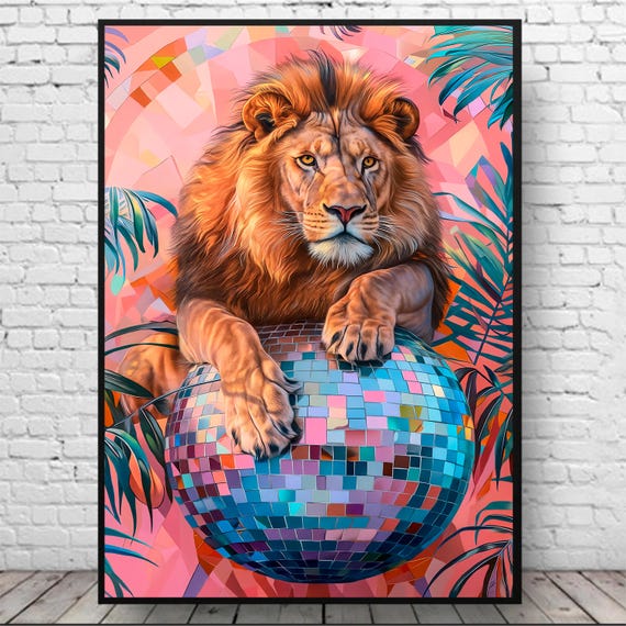 Disco Ball Lion Print Dopamine Decor For Birthday Gift Floral Wall Art Animal Prints Trendy Luxury Maximalist