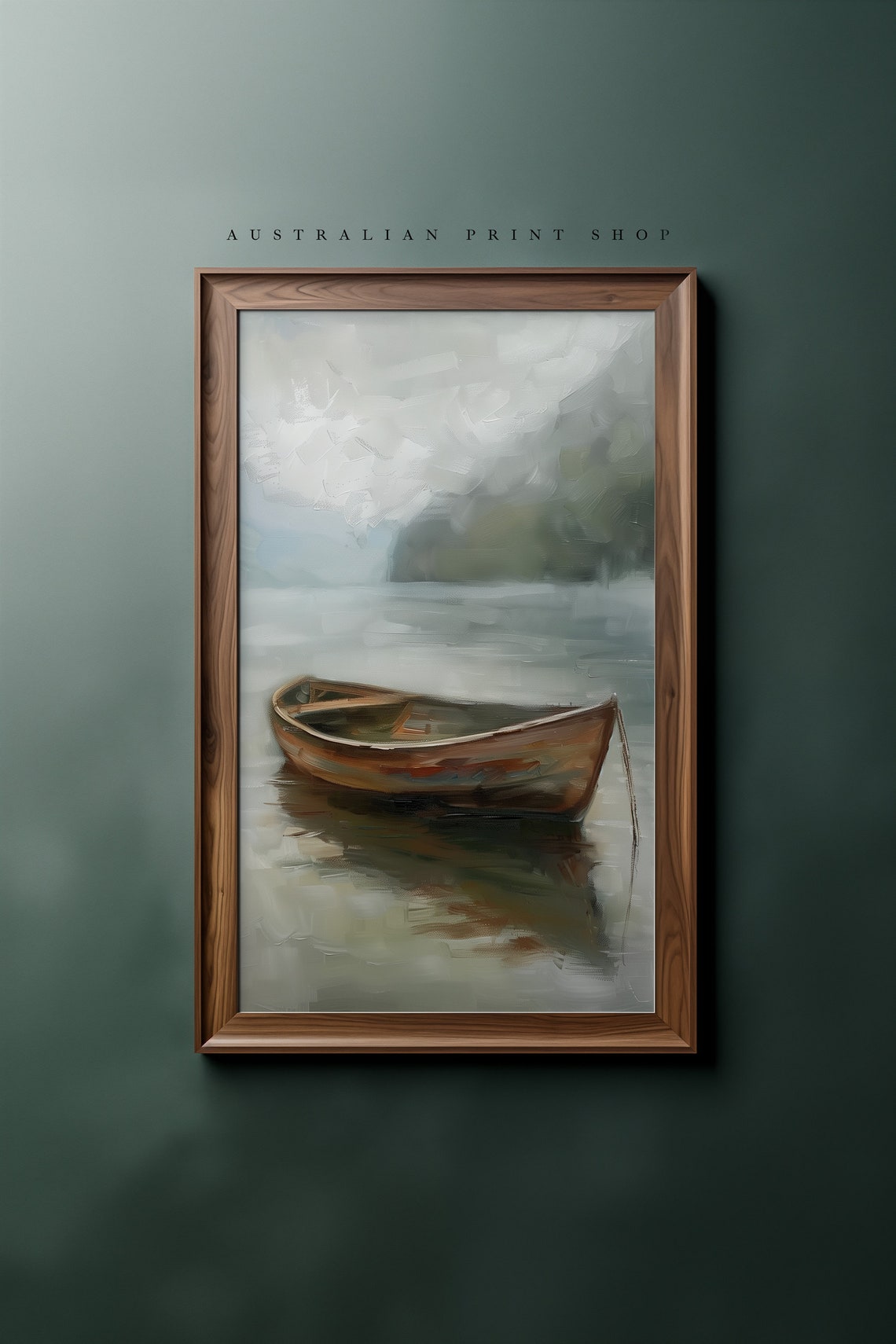 Vintage Lake Landscape Painting Serene Boat Hills Country Scene Home Decor Rustic Art - Image 6