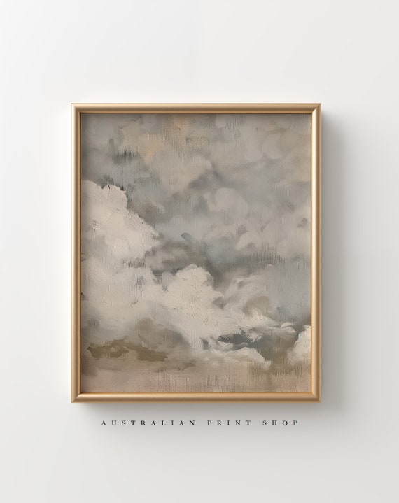 Vintage Cloud Painting Muted Oil Painting Neutral Wall Art Antique Grey Tones