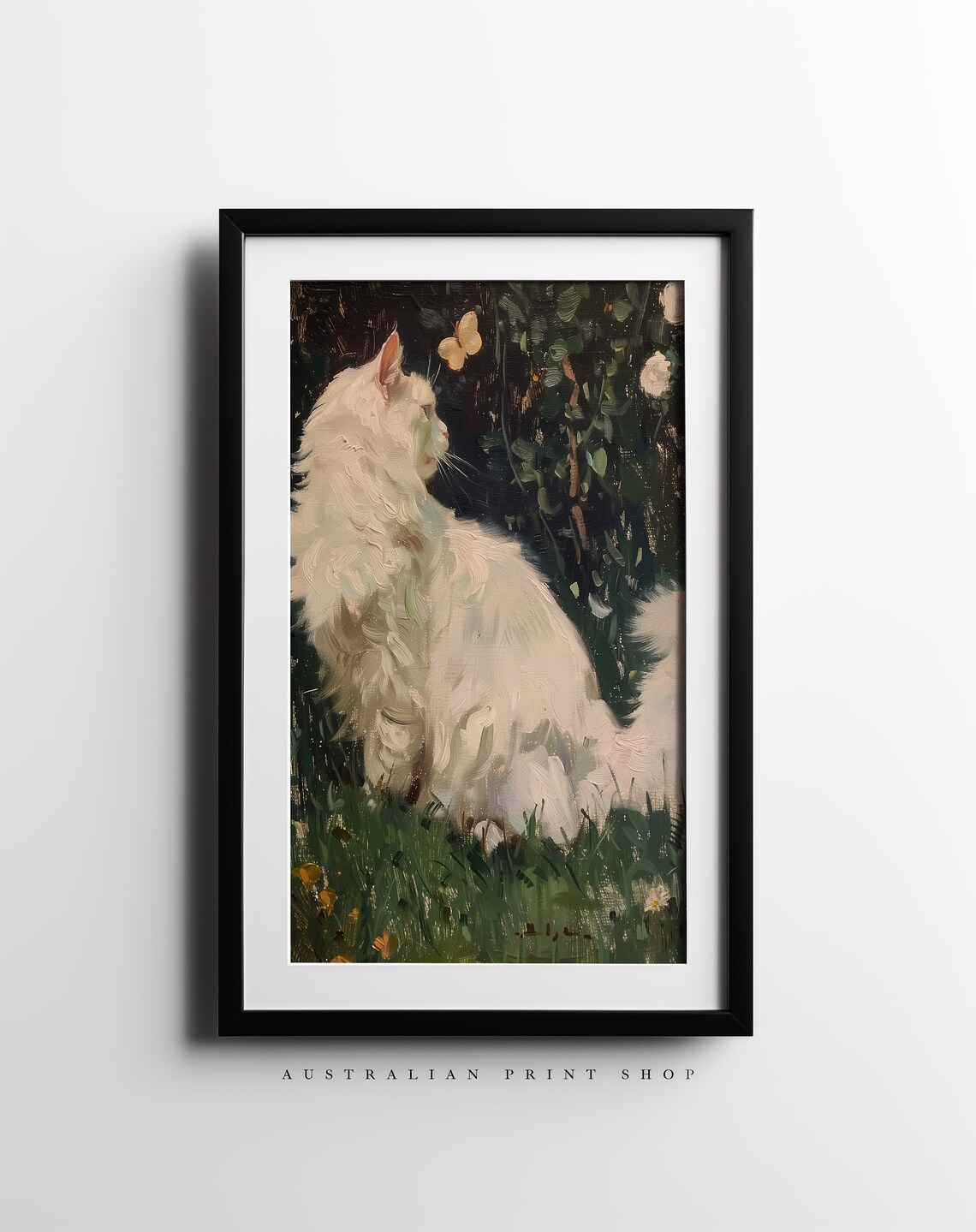 Fluffy White Cat Watching a Butterfly in a Dark Garden Cat Poster - Image 2