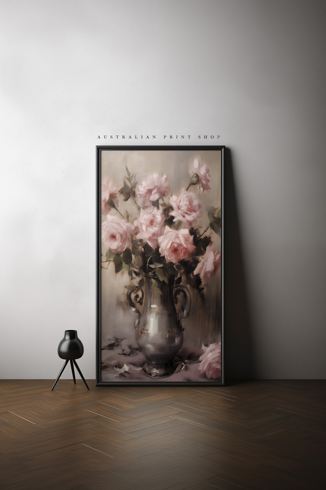 Vintage Pink Rose Oil Painting Neutral Moody Flower Print Wall Art Rose Flower Wall Decor - Image 5