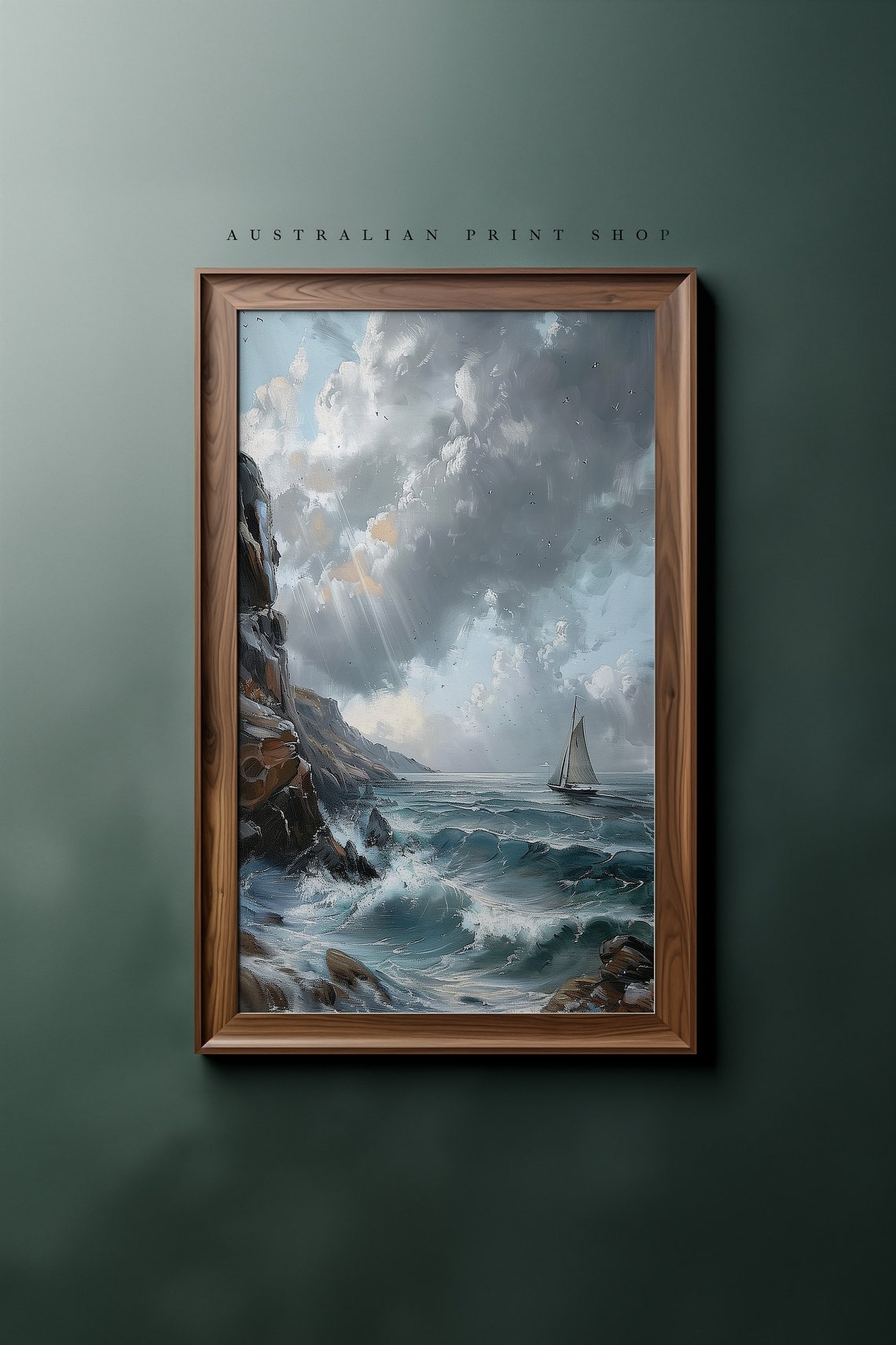 Vintage Ocean Oil Painting Muted Nautical Seascape Print Neutral Sailboat Ocean Art - Image 7