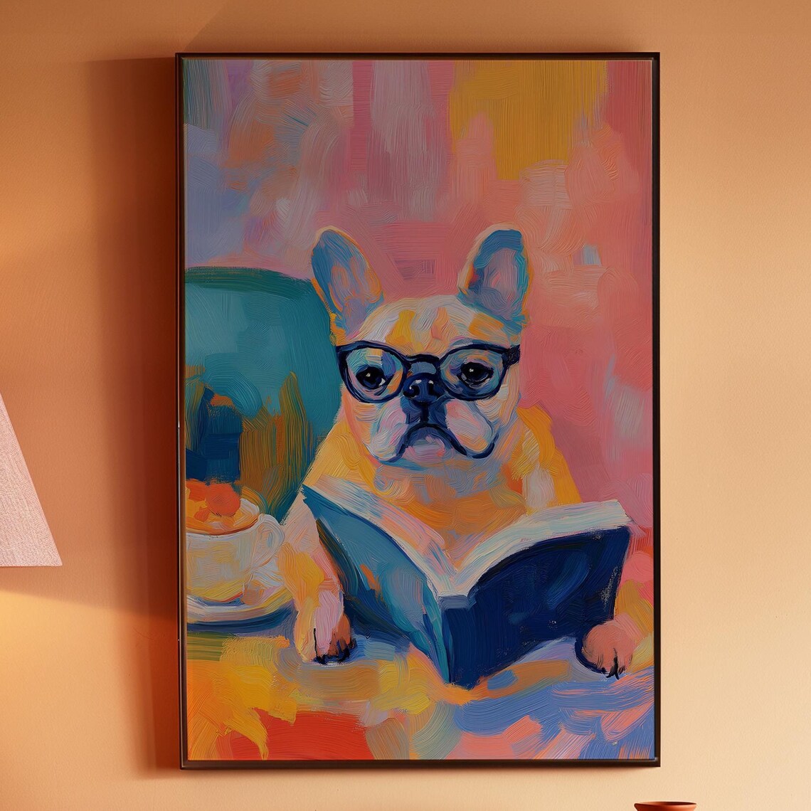 French Bulldog in Glasses Reading a Book with a Coffee Cup Poster