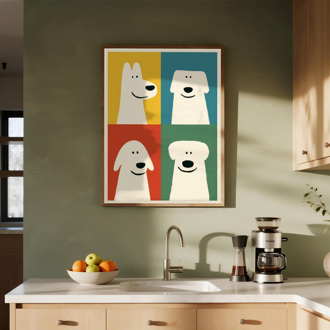 Smiling Four Dogs Color Block Grid Cartoon Puppy Faces Fun Poster