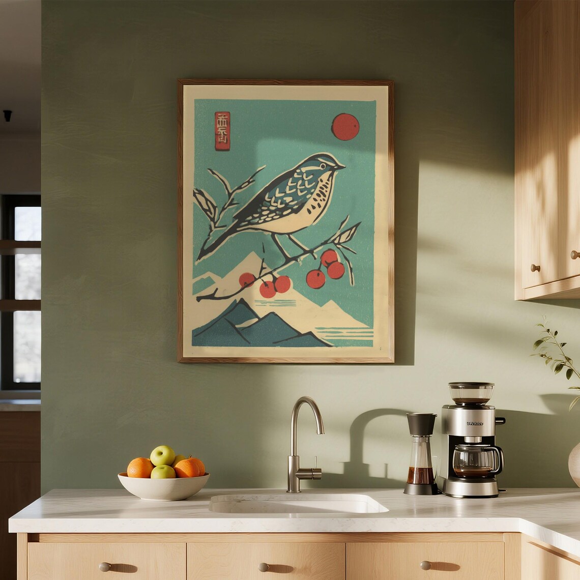 Vintage Japanese Woodblock Bird on Berry Branch With Red Sun Poster