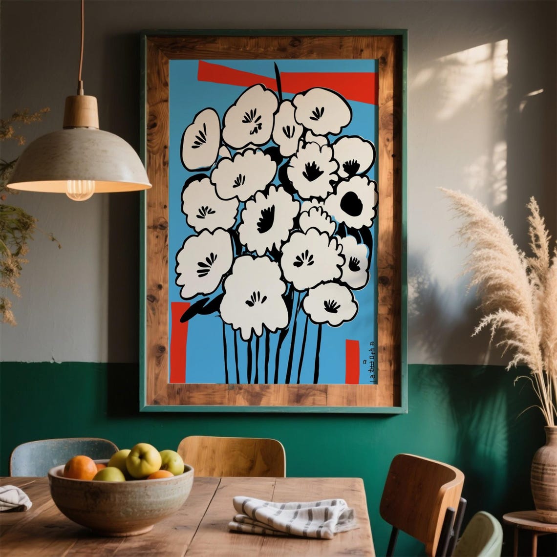 Abstract White Floral Print Bold Blue Red Accents Modern Minimalist Flower Art Contemporary Botanical Decor Graphic Illustration
