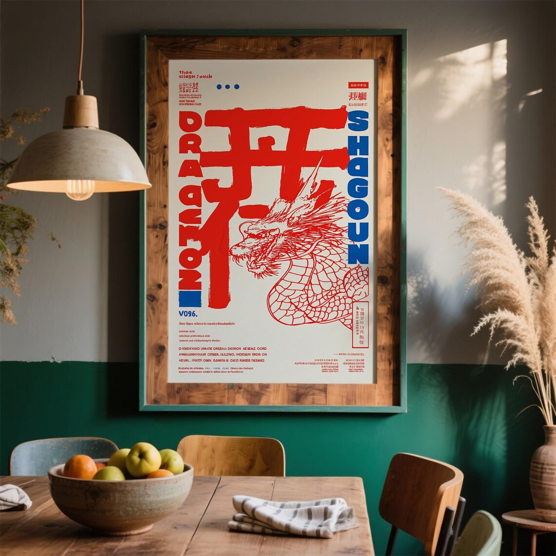 Red Dragon Japanese Typography Graphic Style Blue Red Exhibition Poster