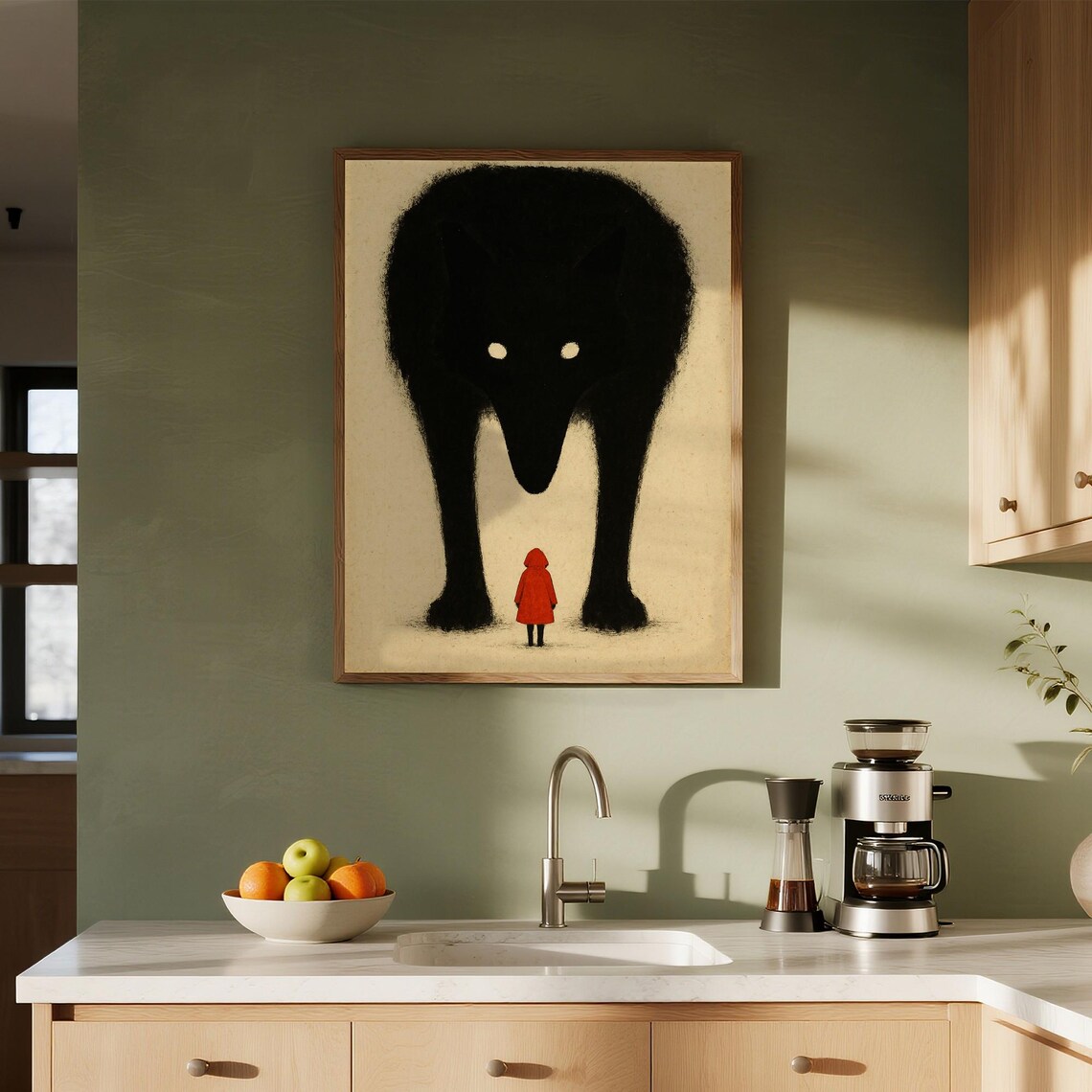 Little Red Hood Giant Black Wolf Folk Tale Illustration Poster