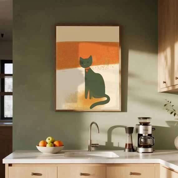 Minimalist Cat Silhouette In Orange Sunset Feline Grace Poster