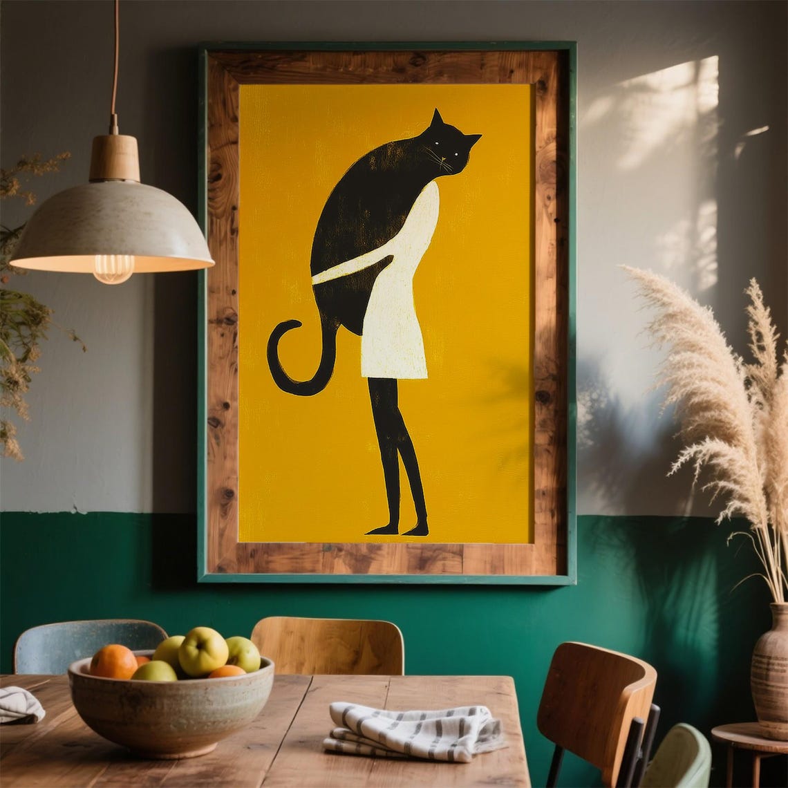 Black Cat Hugging Human Figure Minimalist Mustard Yellow Art Poster