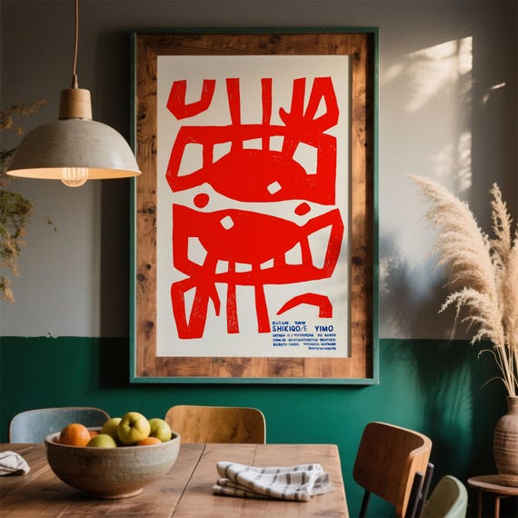 Bold Abstract Red Figure Art Print Japanese Calligraphy Modern Minimalist Zen Wall Decor Cultural Statement Poster Home Gift