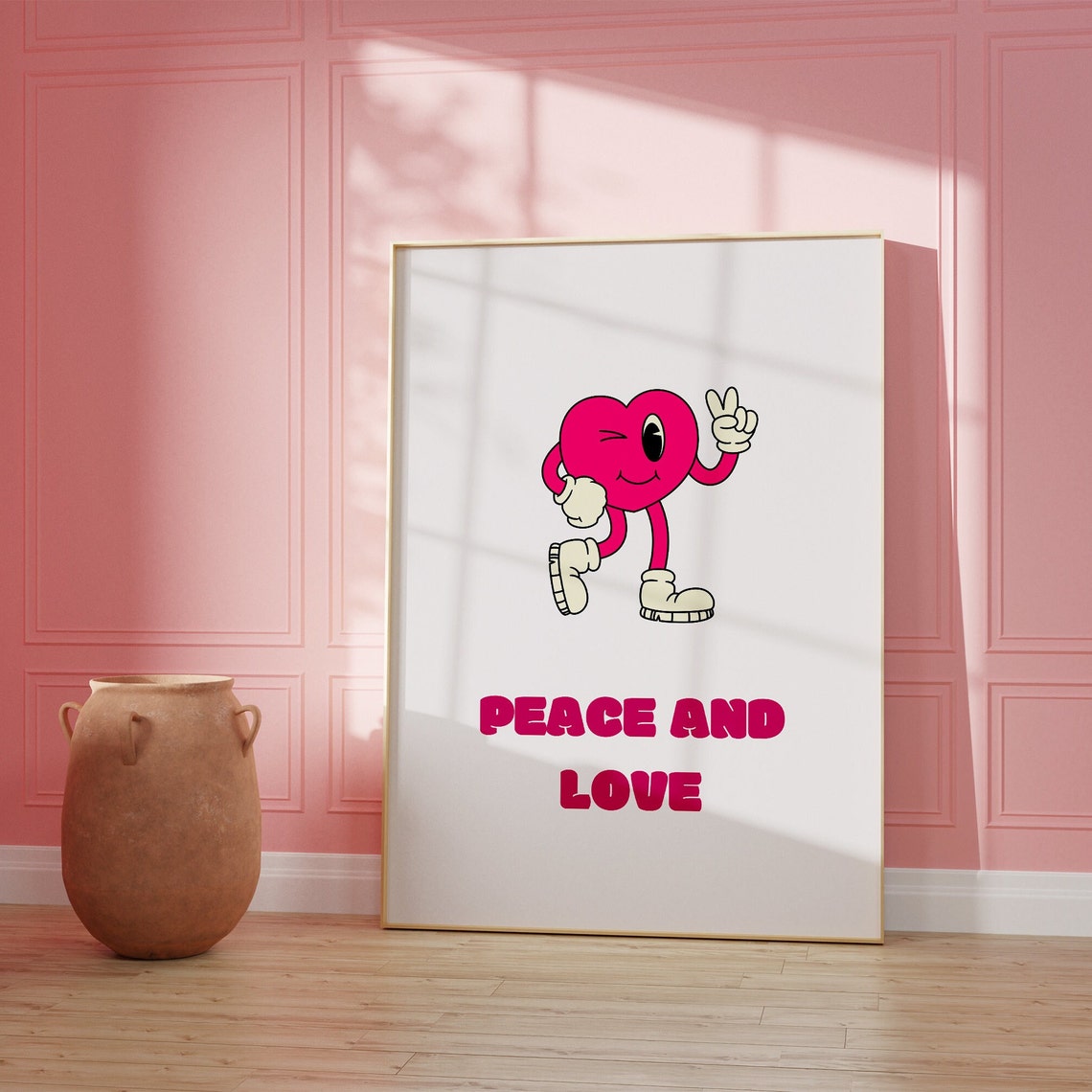 Peace and Love Retro Cartoon Heart Winking Fun Valentines Poster - Image 2