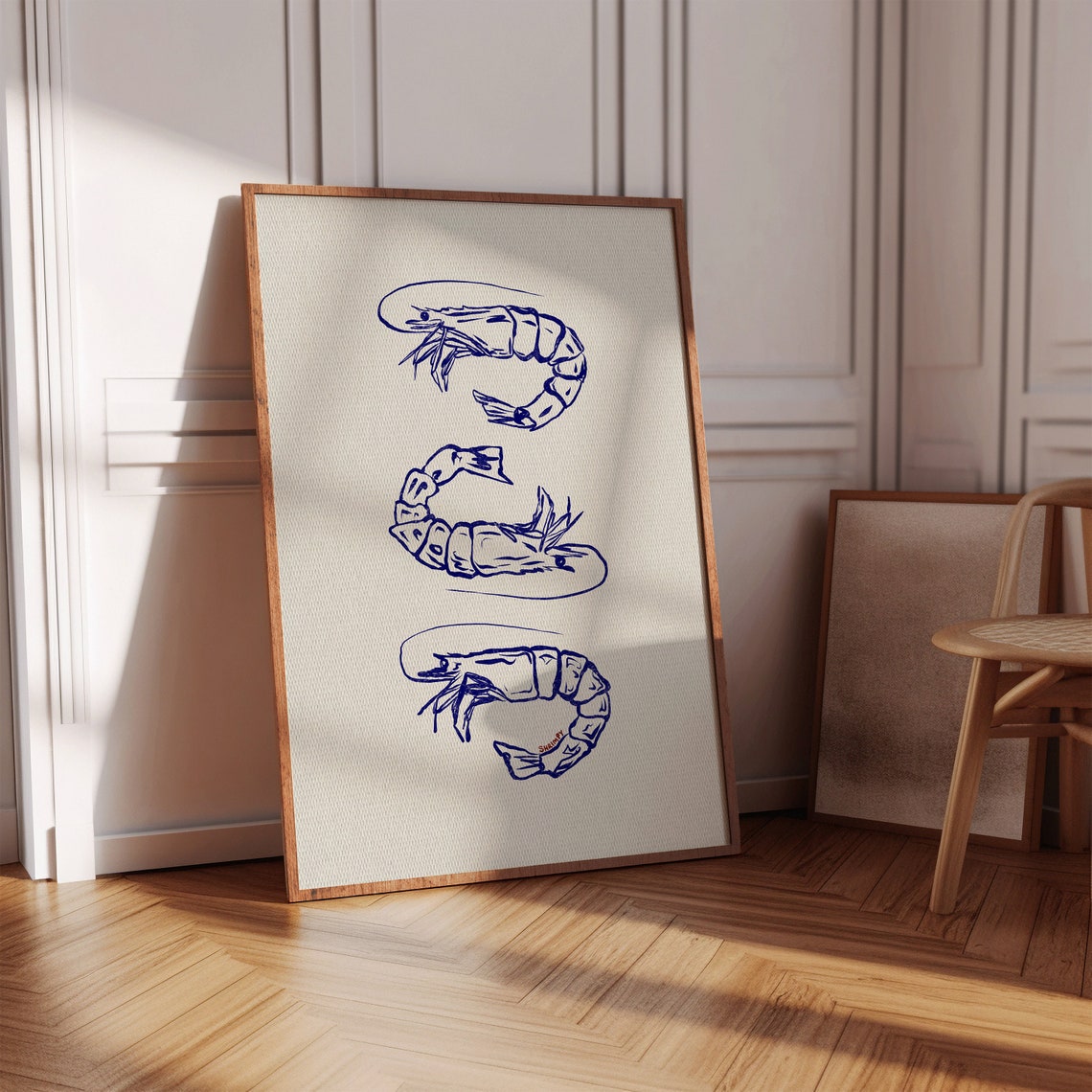 Shrimp Trio Navy Line Art Seafood Kitchen Decor Minimalist Poster