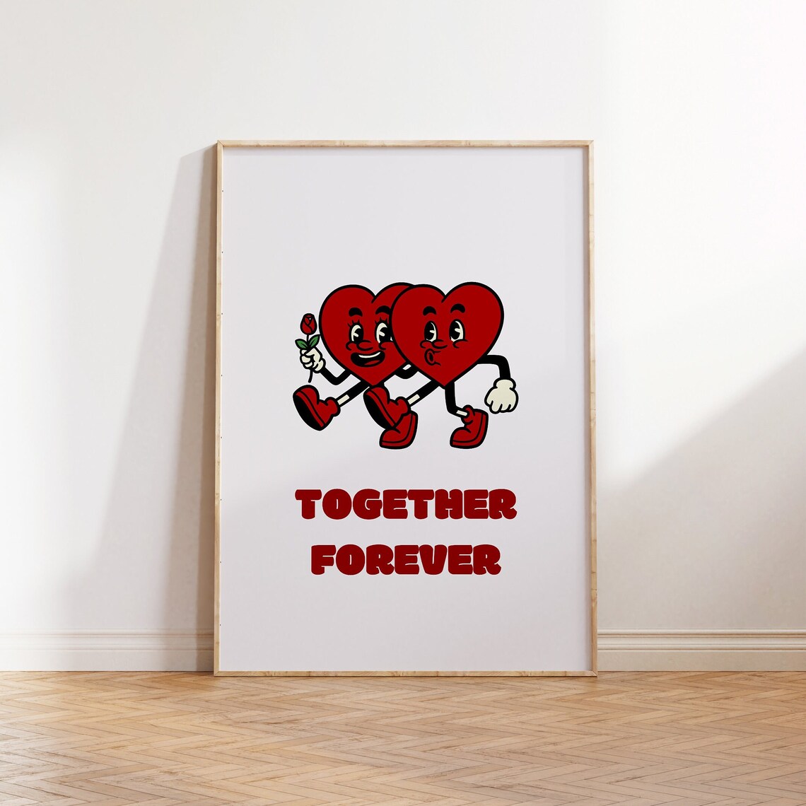 Together Forever Red Retro Cartoon Hearts Couple Valentine Poster