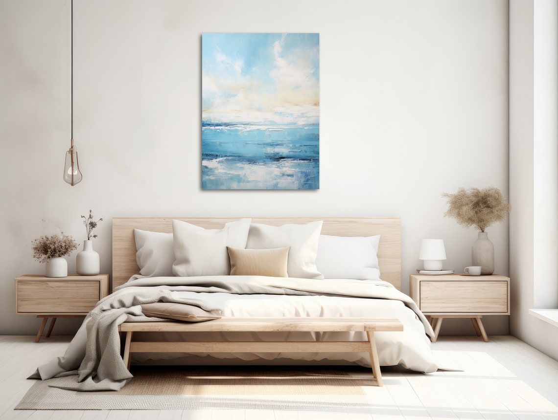 Calm Light Blue Abstract Ocean Waves Beneath Pale Sky Poster - Image 2