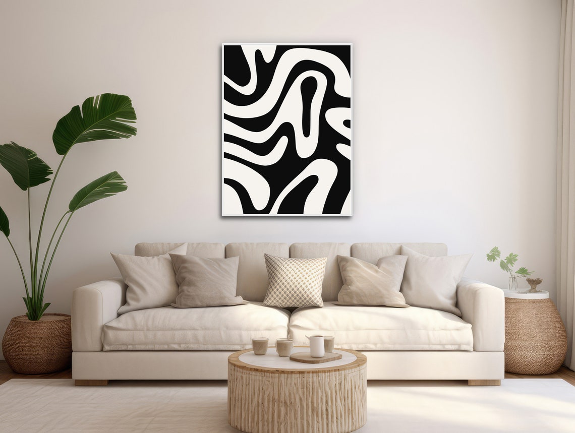 Black White Wavy Lines Abstract Minimal Organic Shapes Wall Art - Image 3