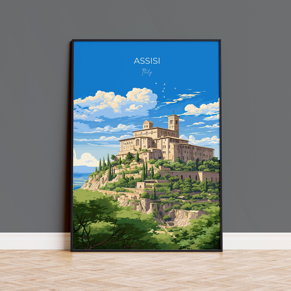 Assisi Italy Basilica Hilltop Green Valley Scene Travel Poster