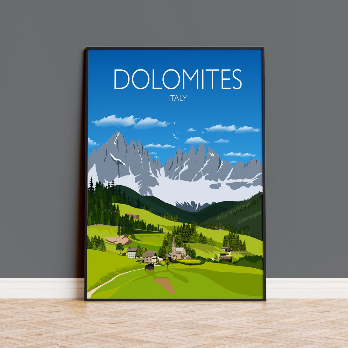 Dolomites Italy Alpine Mountain Valley Village Summer Art Poster
