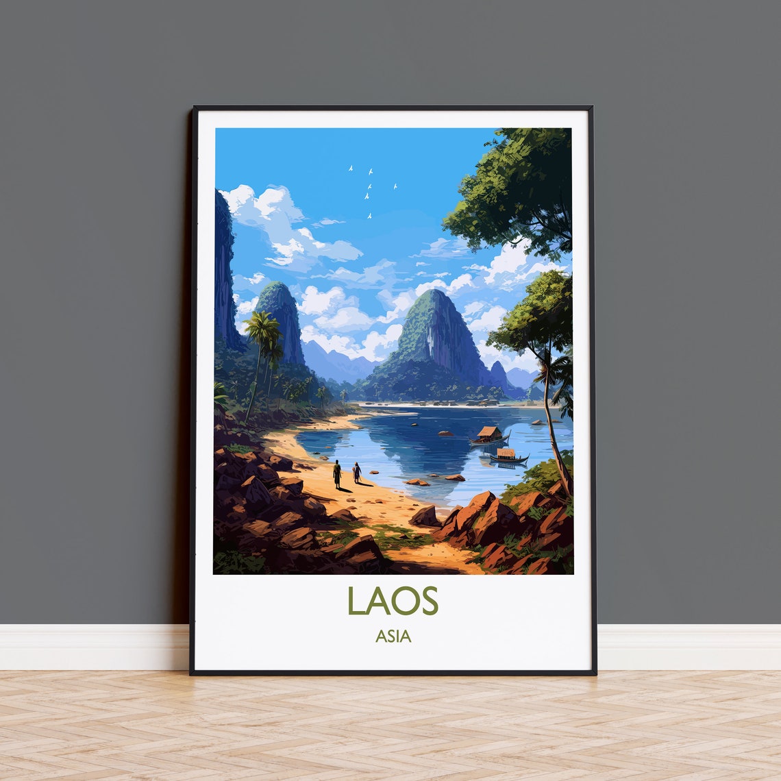 Laos Asia Tropical Beach Karst Hills Boats Scenic Travel Poster
