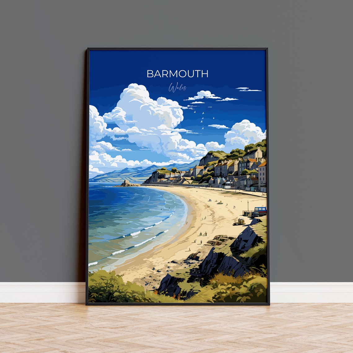 Barmouth Wales Beach Coastline Cliffs Sweeping Bay View Travel Poster