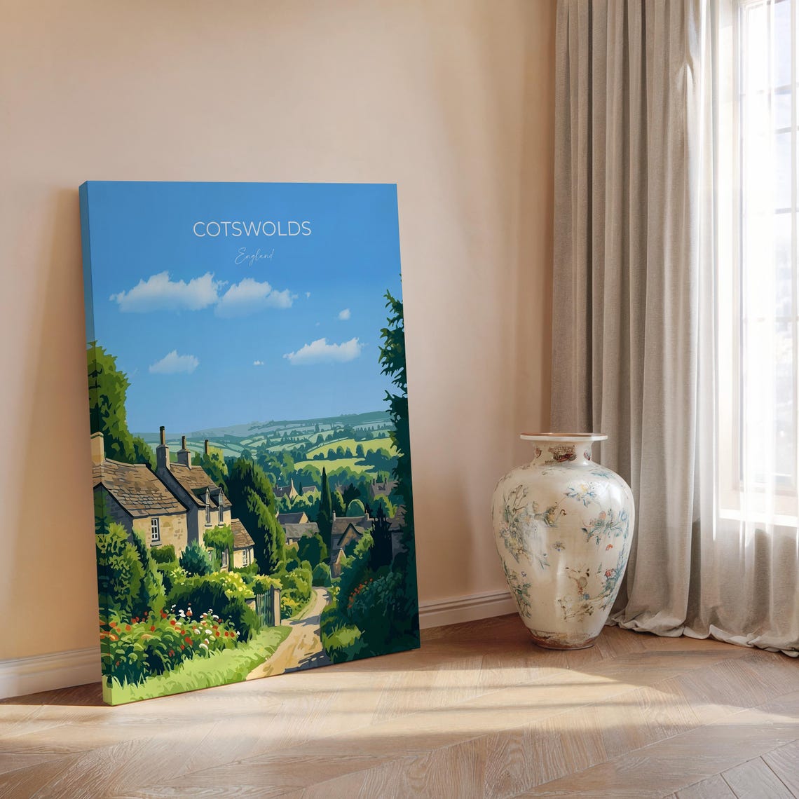 Cotswolds England Stone Cottage Lane Rolling Hills View Poster - Image 2
