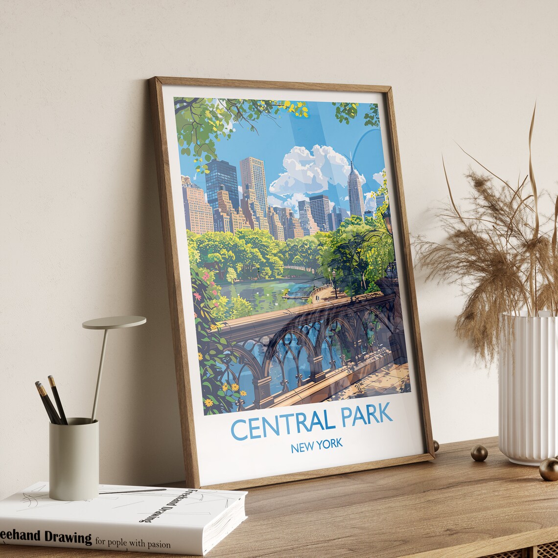 Central Park New York Lake Bridge Manhattan Skyline Travel Print - Image 2
