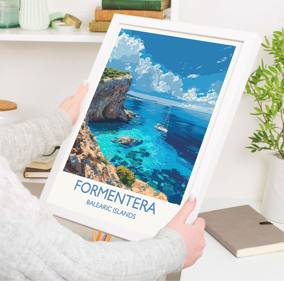 Formentera Balearic Islands Sailboat Cove White Border Poster - Image 3