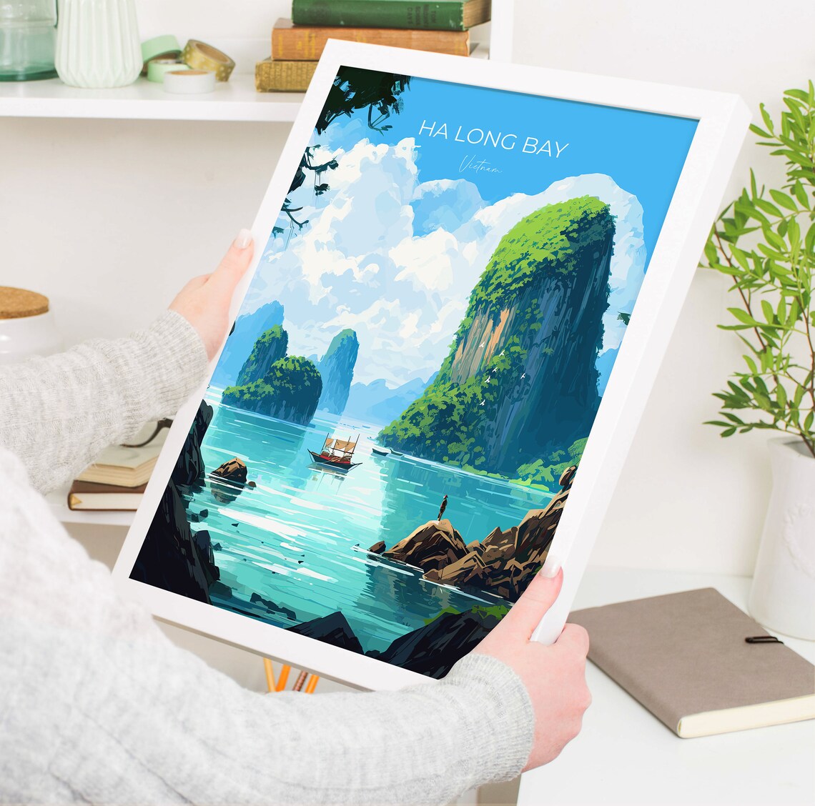 Ha Long Bay Limestone Karsts Vietnam Junk Boat Turquoise Poster - Image 5