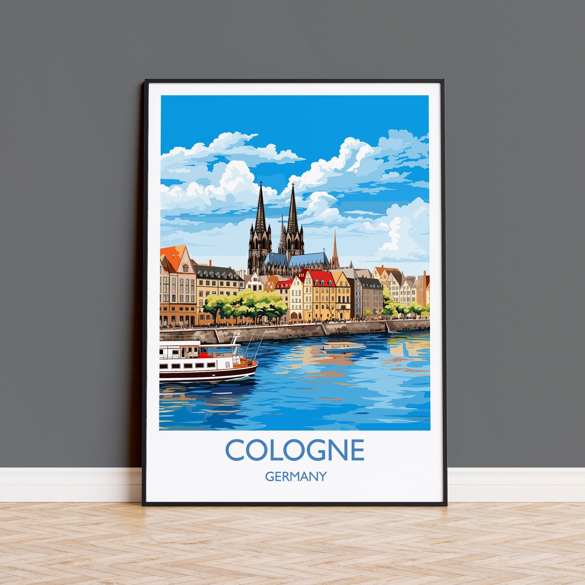 Cologne Germany Gothic Cathedral Riverside Skyline Travel Poster