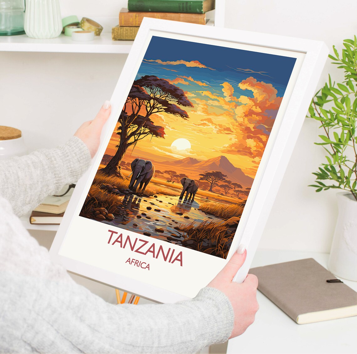 Tanzania Africa Elephants Sunset Savanna Vintage Travel Poster - Image 5