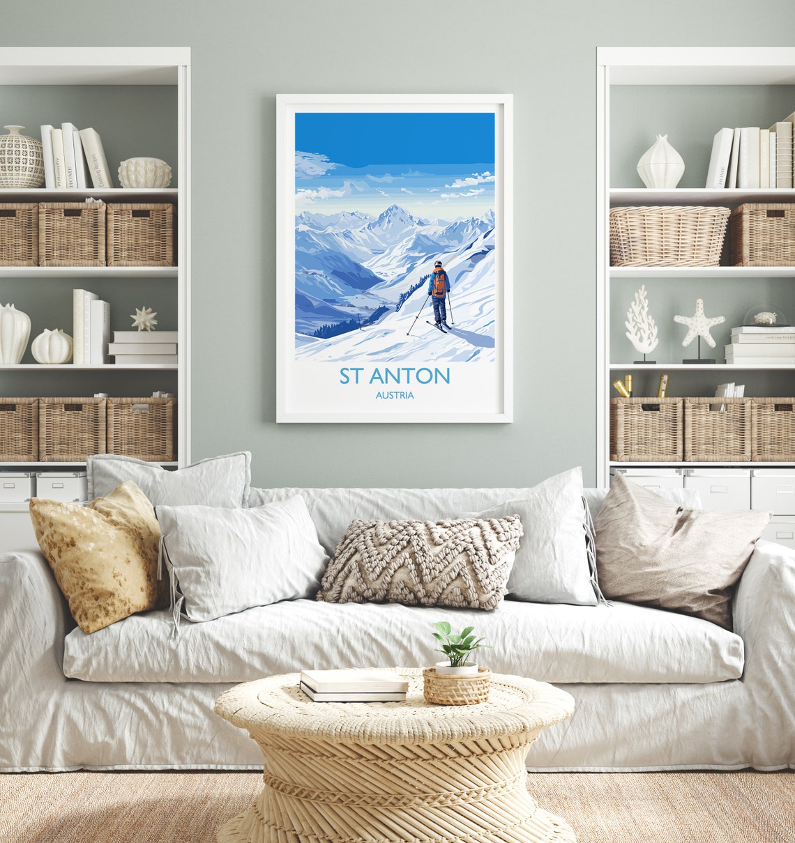 St Anton Austria Skier Overlooking Snowy Peaks Winter Travel Poster - Image 4