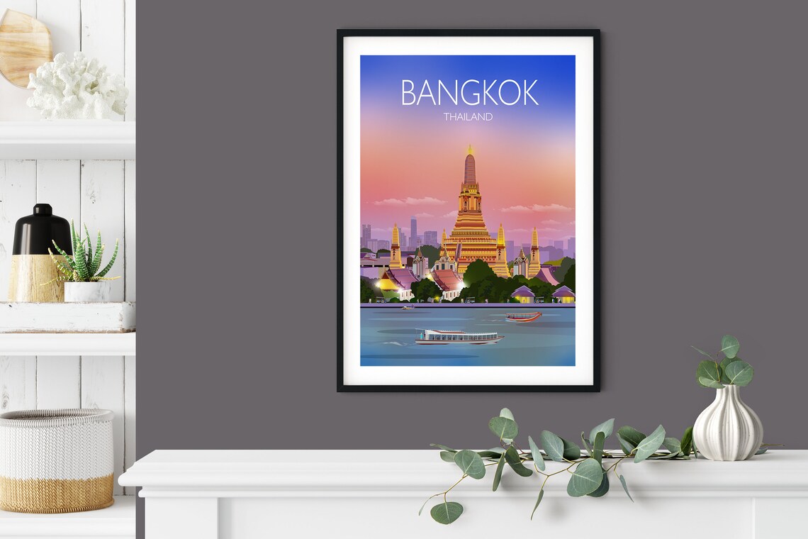 Bangkok Thailand Wat Arun Sunset River Scene Travel Art Poster - Image 5