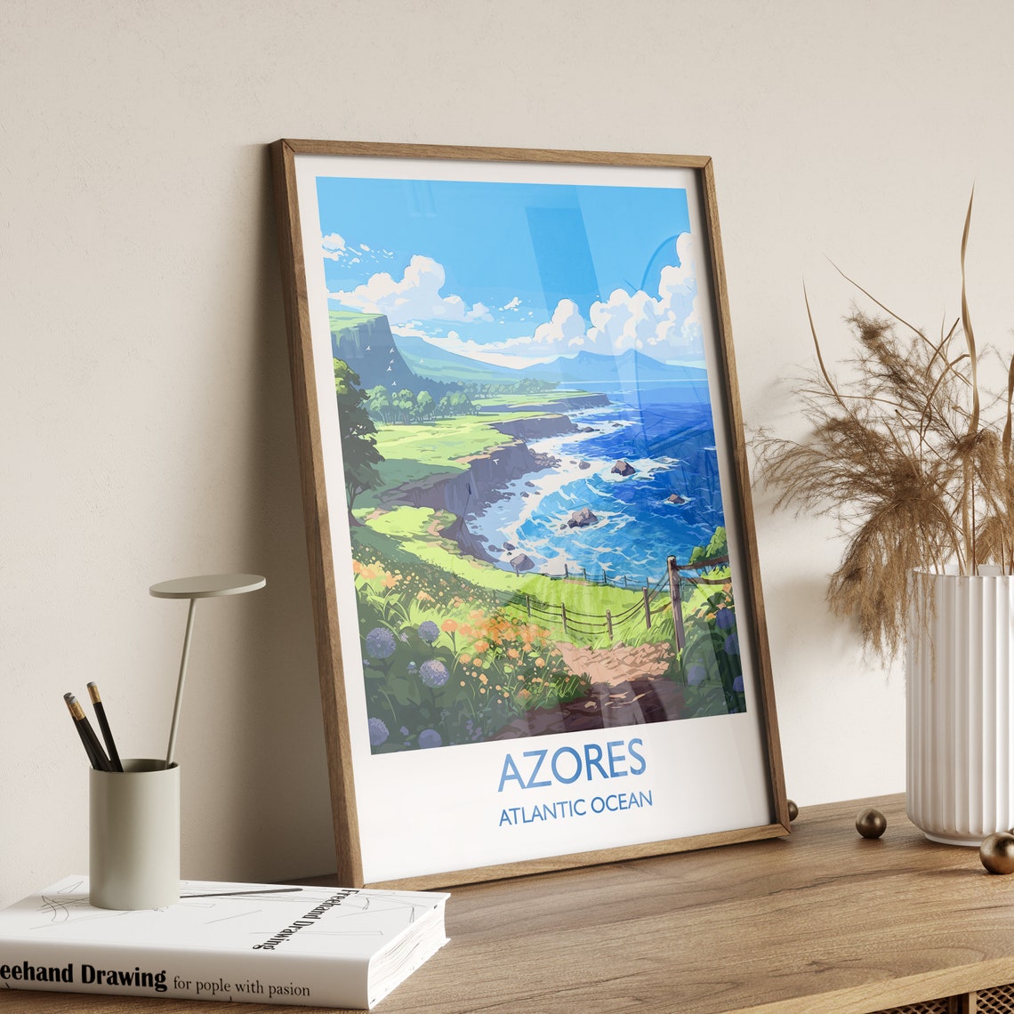 Azores Atlantic Ocean Green Cliffs Flower Trail Travel Poster - Image 3