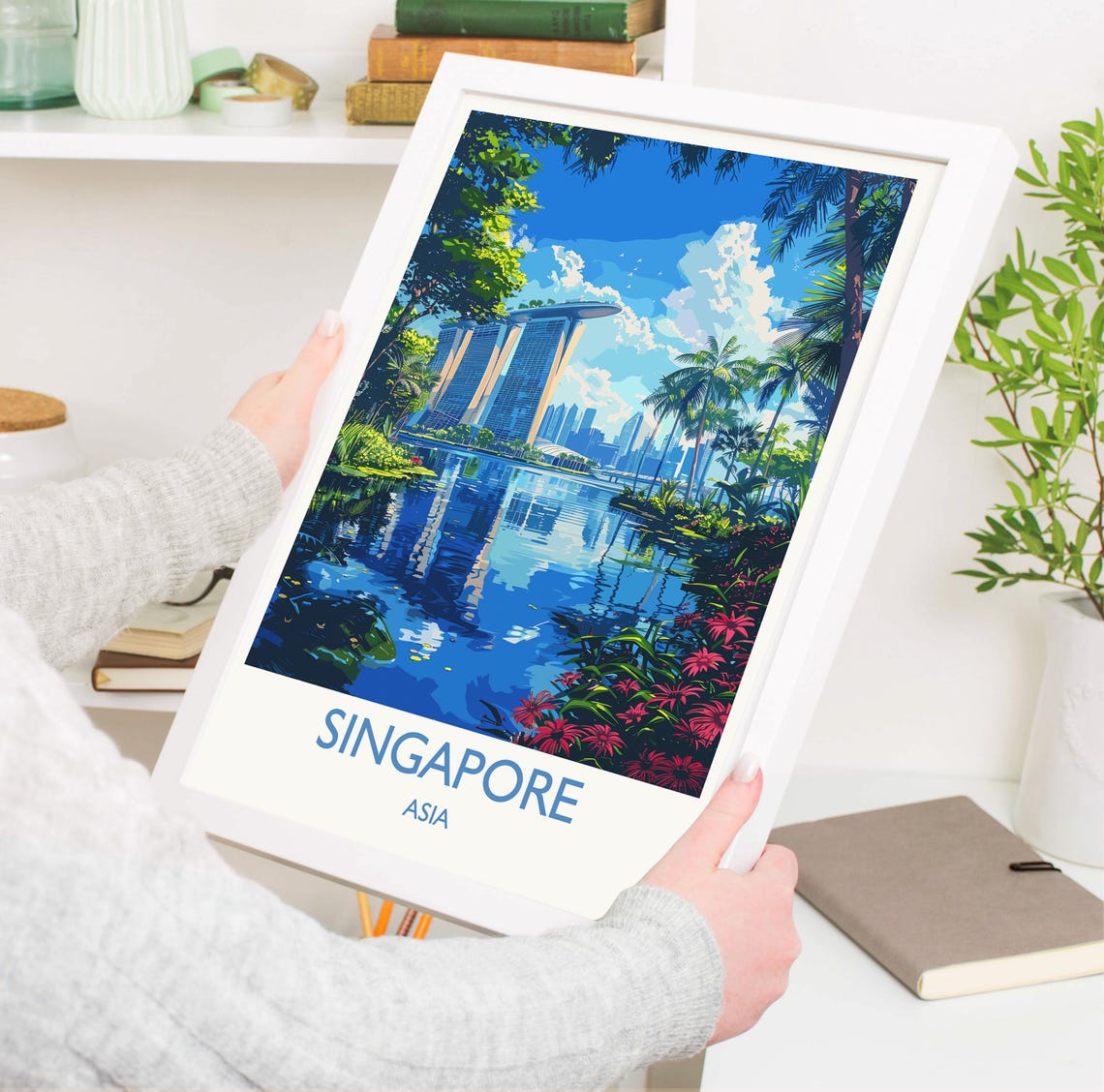 Singapore Marina Bay Sands Skyline White Border Travel Poster - Image 3