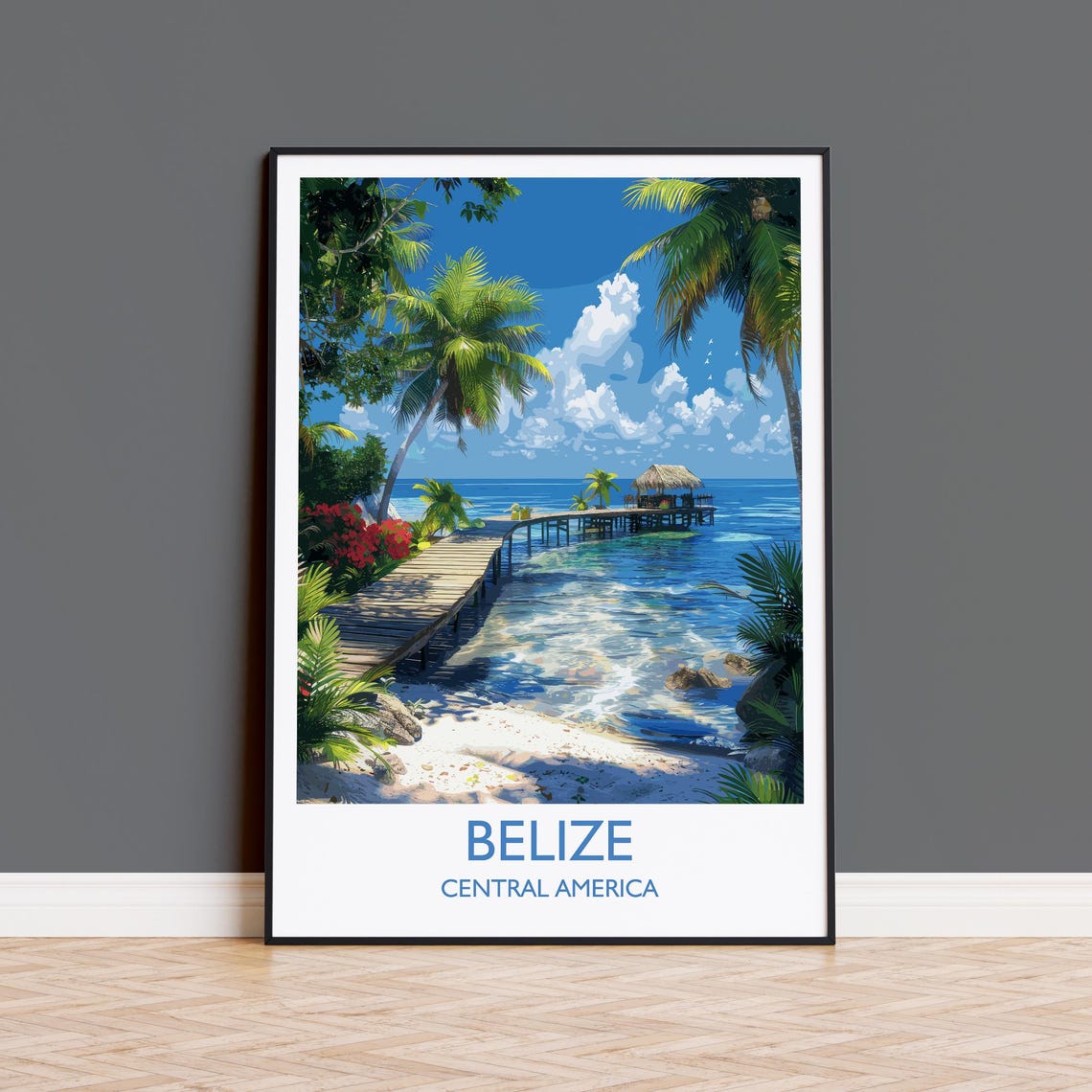 Belize Tropical Beach Pier Palapa Hut Travel Poster With Title Below