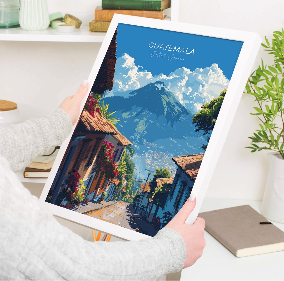 Antigua Colonial Street With Volcano Guatemala Travel Poster - Image 3