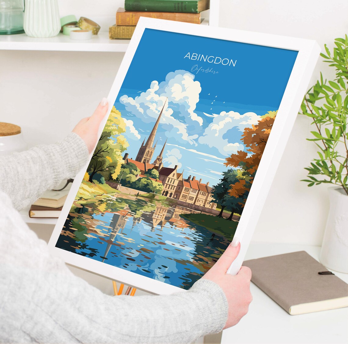 Abingdon Oxfordshire Spire Reflection Autumn Riverside Travel Poster - Image 6