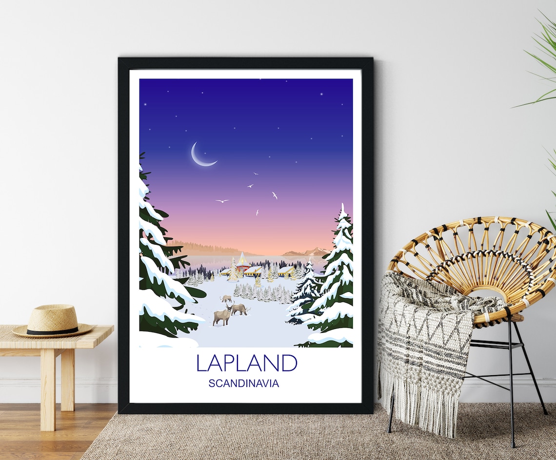 Lapland Scandinavia Reindeer Winter Night Village Scene Poster Art