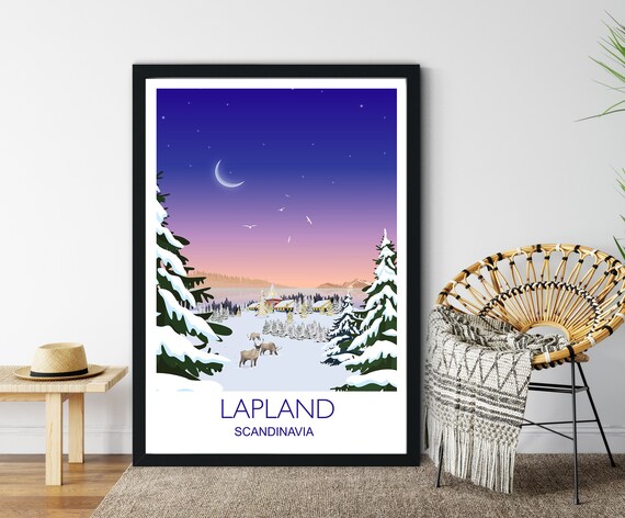 Lapland Scandinavia Reindeer Winter Night Village Scene Poster Art