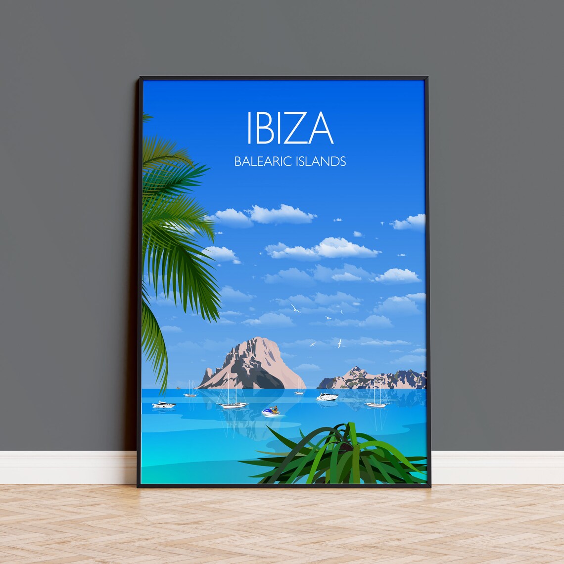 Ibiza Balearic Islands Rocky Islet Boats Turquoise Sea Art Poster