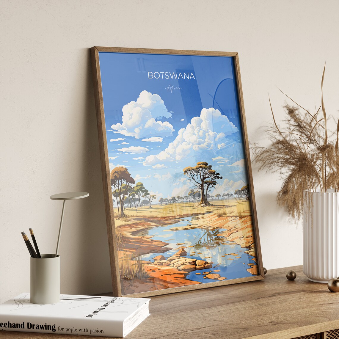 Botswana Africa Savanna Waterhole Bright Sky Vintage Travel Poster - Image 2