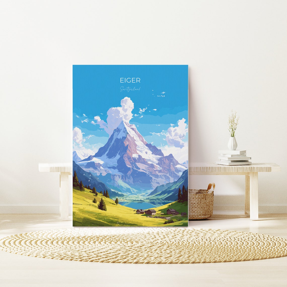 Eiger Switzerland Snow Capped Alpine Peak Meadow View Poster - Image 3