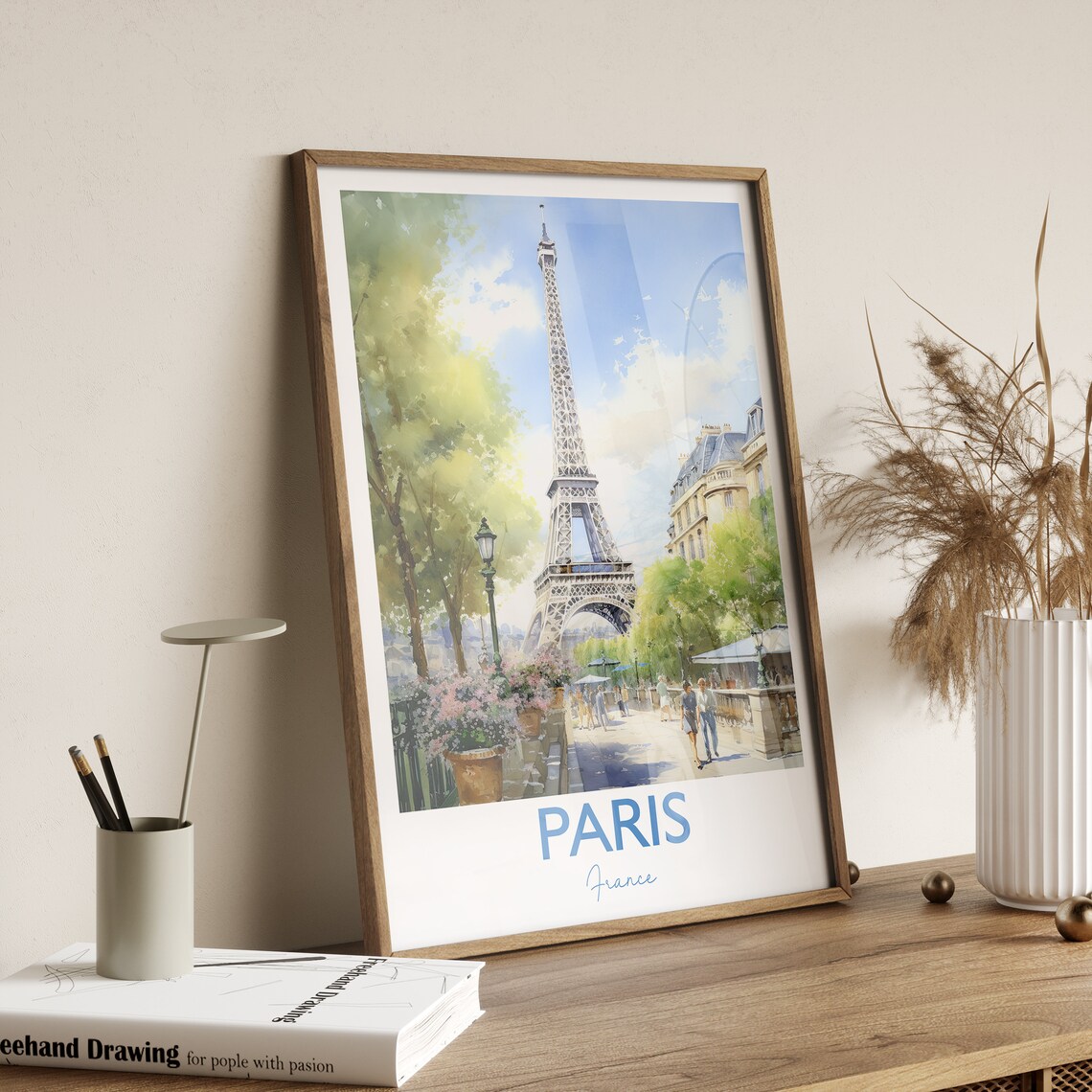Eiffel Tower Paris France Watercolor Street Scene Travel Poster - Image 3