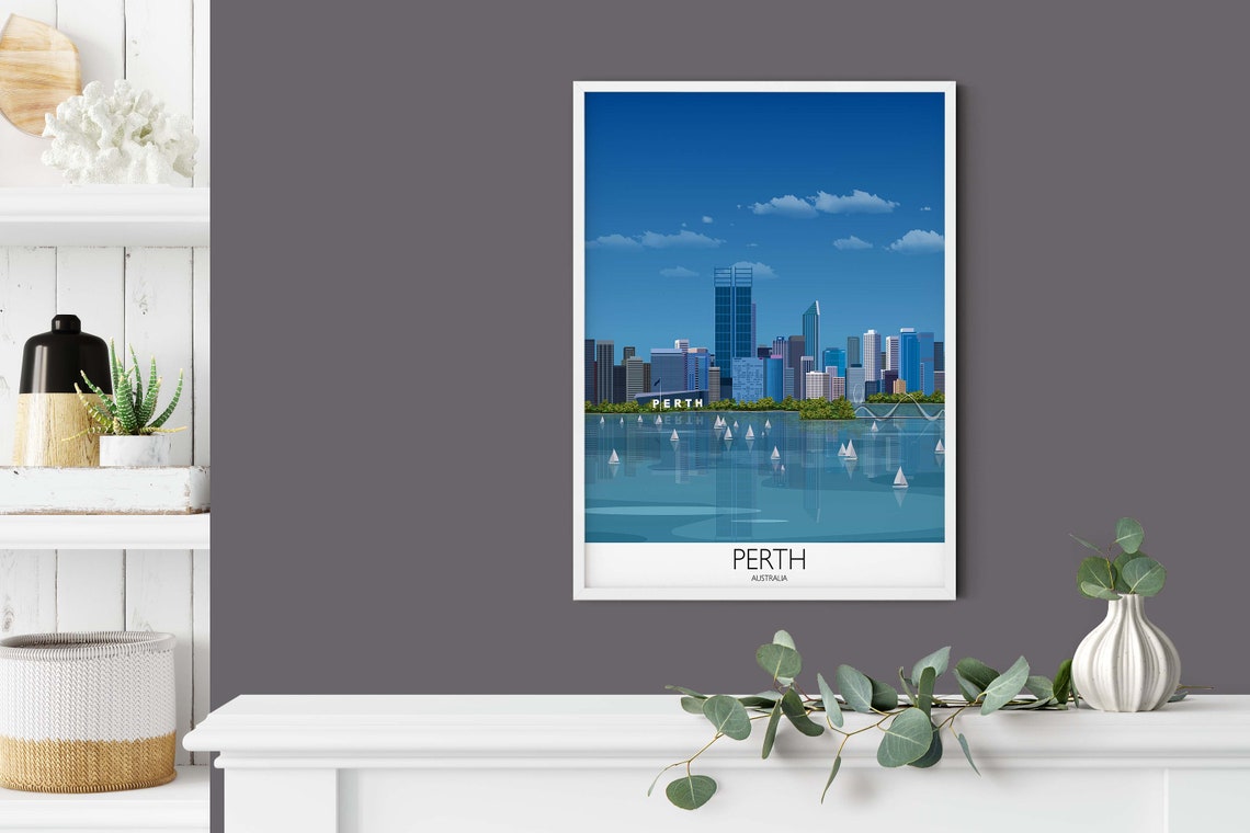 Perth Australia Skyline Travel Poster of Swan River Sailboats - Image 2