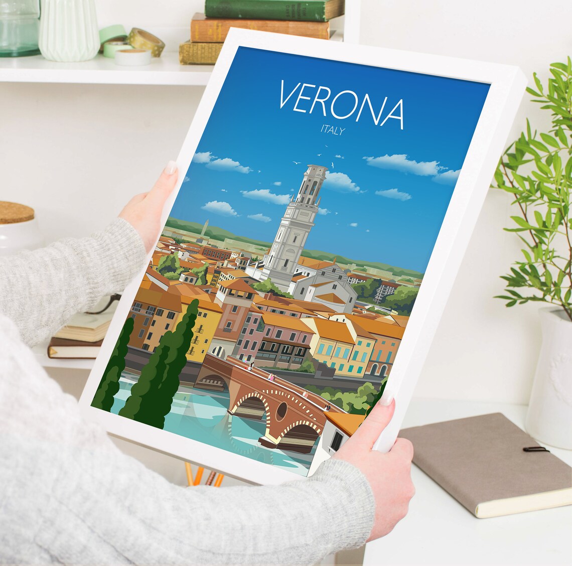 Verona Italy Bell Tower Stone Bridge River Scene Travel Poster - Image 5