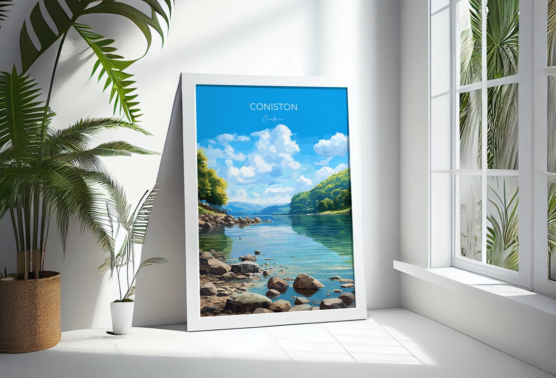 Coniston Cumbria Peaceful Lake Rocky Shore Green Hills Travel Poster - Image 3