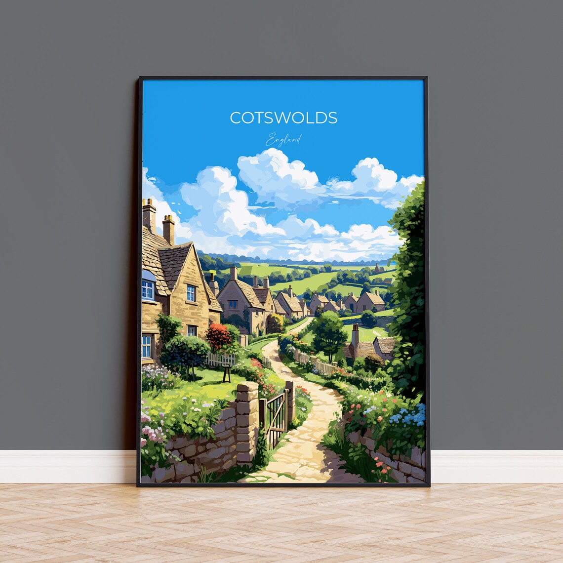 Cotswolds England Honey Stone Cottages Village Lane Travel Poster Gift