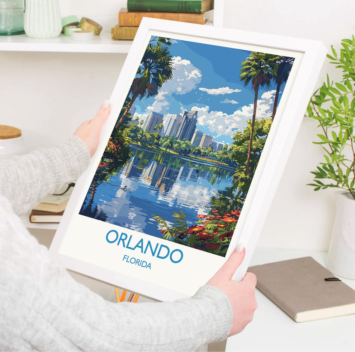 Orlando Florida Skyline Over Lake Framed by Palm Trees Travel Poster - Image 3