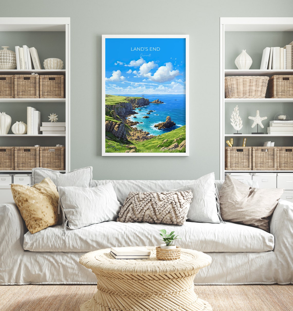 Land's End Cornwall Coastal Cliffs Beach Huts Blue Sky Travel Poster - Image 4