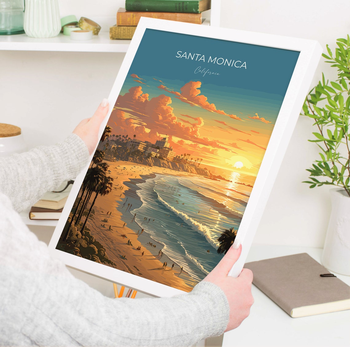 Santa Monica California Sunset Beach Palm Trees Vintage Travel Poster - Image 5